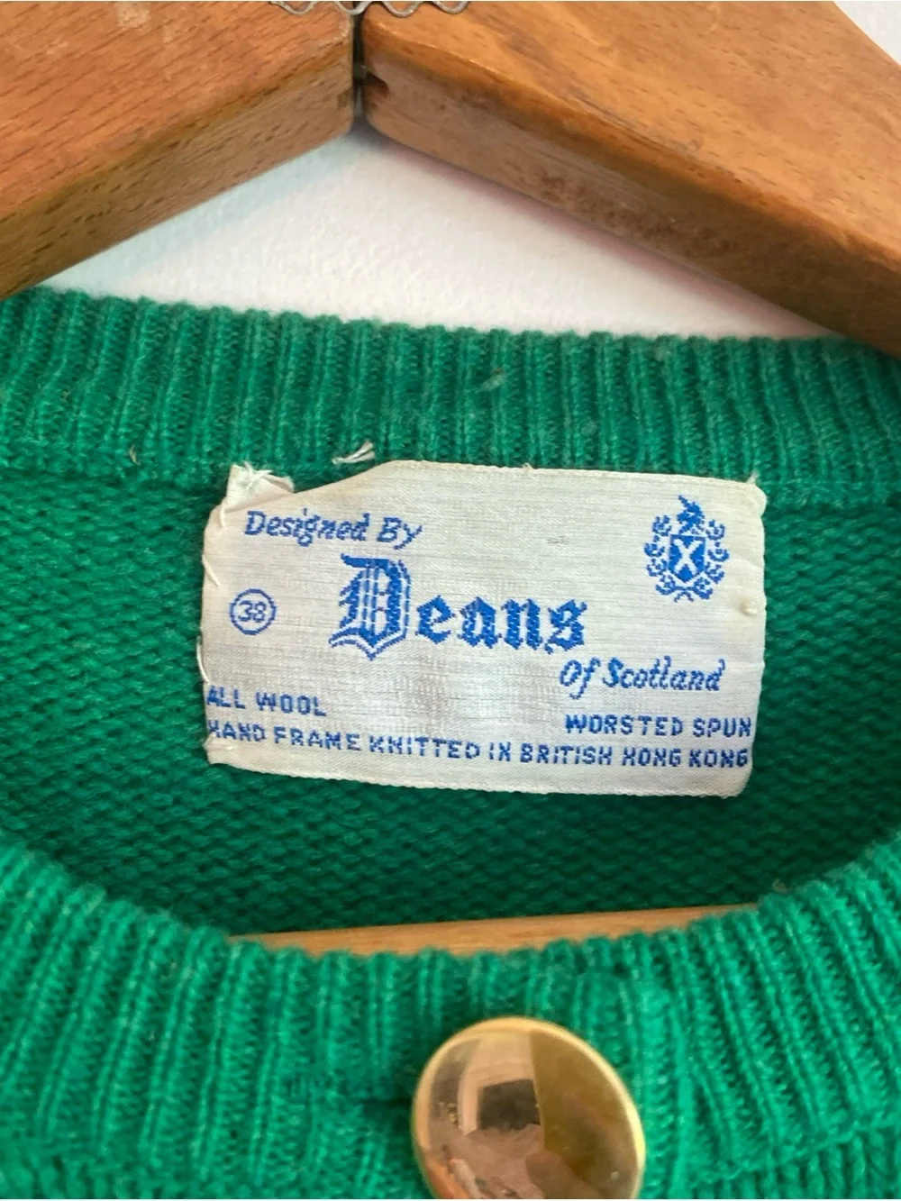 Emerald Green Gold Button-Front Cardigan with Patch Pockets Vintage Deans Wool - Picture 2 of 8